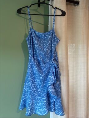 Hello Molly Blue Spotted Ruffle Wrap Mini Dress